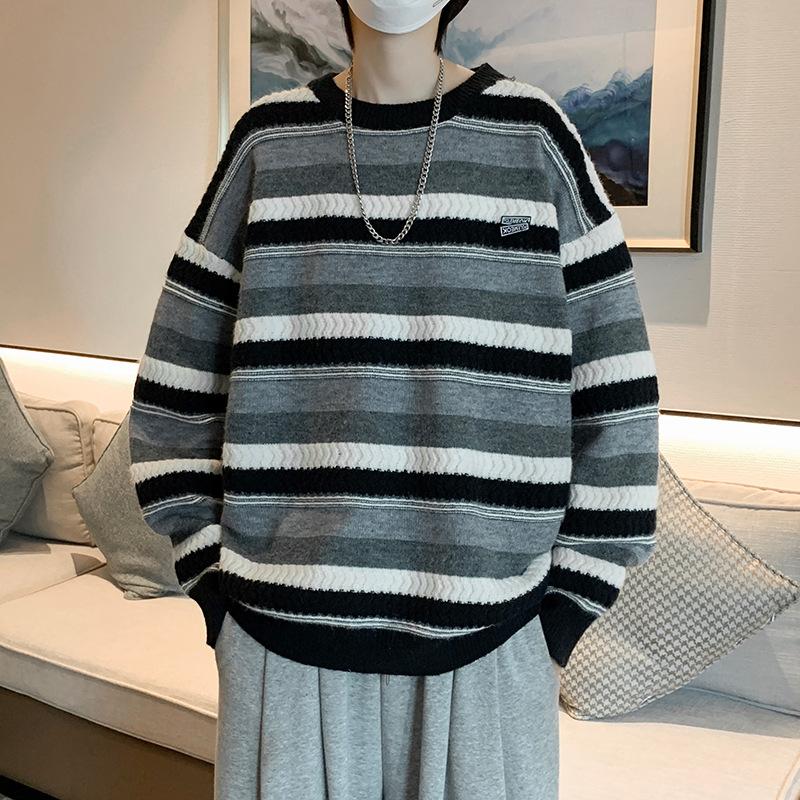 

Мужские свитера, свитера из шерсти, толстые, зимние, полосатые, для пар, свободные, винтажные, вязаные, стильные, универсальные, ретро, подростковые свитера для отдыха 2XL чёрный