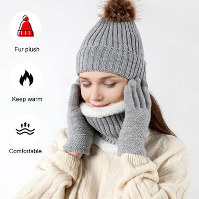 3-teiliges/Set Winter Strickschal Handschuhe Set Pompon Kugel Fleecefutter Randlose Mütze Touchscreen Handschuhe Nackenwärmer Set