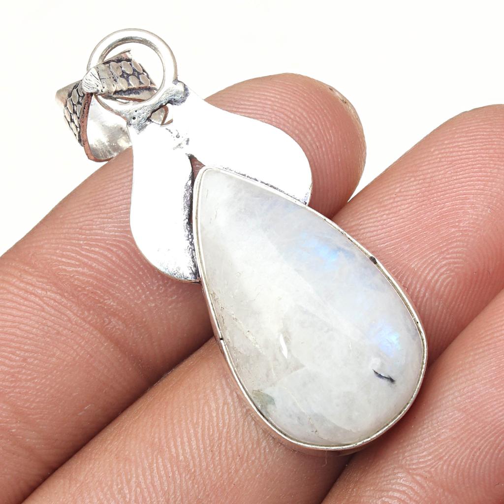 Pendant Moonstone Cabochon Gemstone Handmade Antique Silver Jewelry 2"