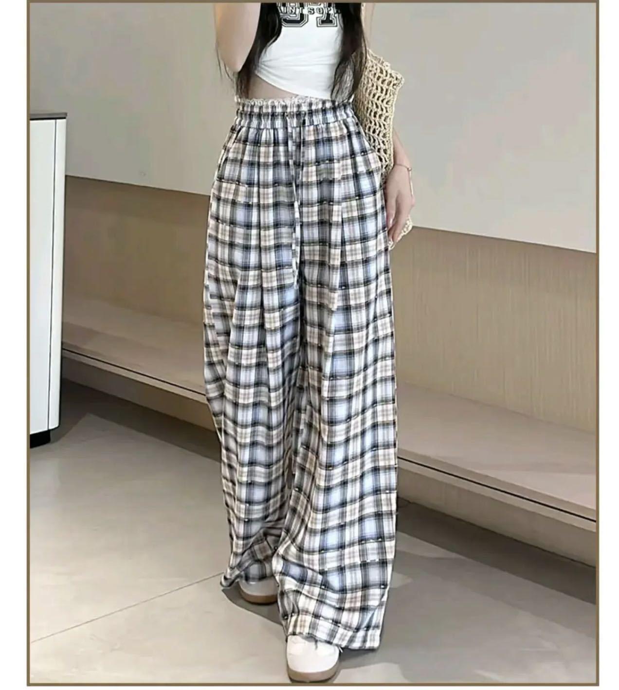 

Retro Style Lace Embroidery Plaid Pants - Women s Spring/Summer Ruffled Waist Loose Slimming Wide-Leg Trousers L (50-60 kg)