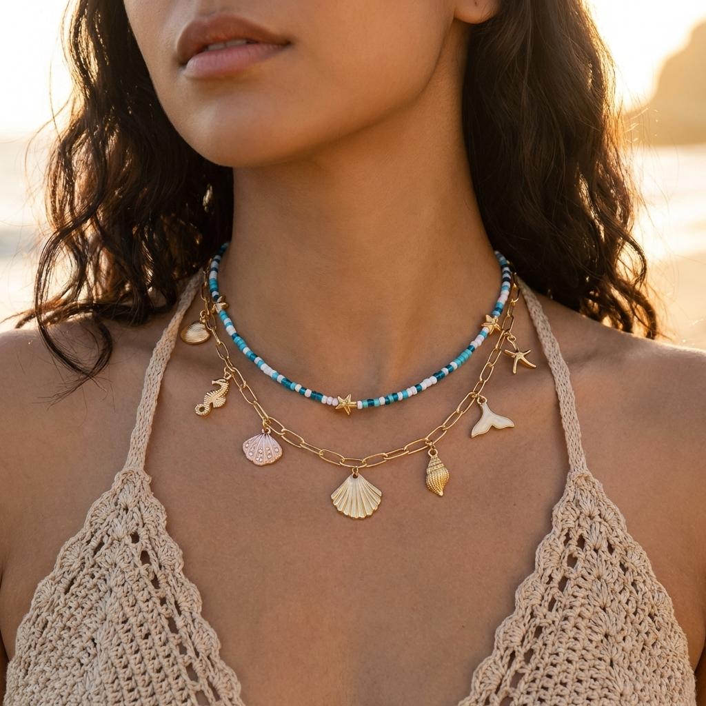 

Retro Blue Polymer Clay Beaded Shell Starfish Necklace for Women Marine Elements Turtle Conch Multi Layered Choker Beach Jewelry