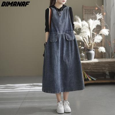 DIMANAF Plus Size Autumn Dress Denim Sleeveless Women Elegant Cotton Outerwear Long Dress Loose Casual Oversize Clothing A