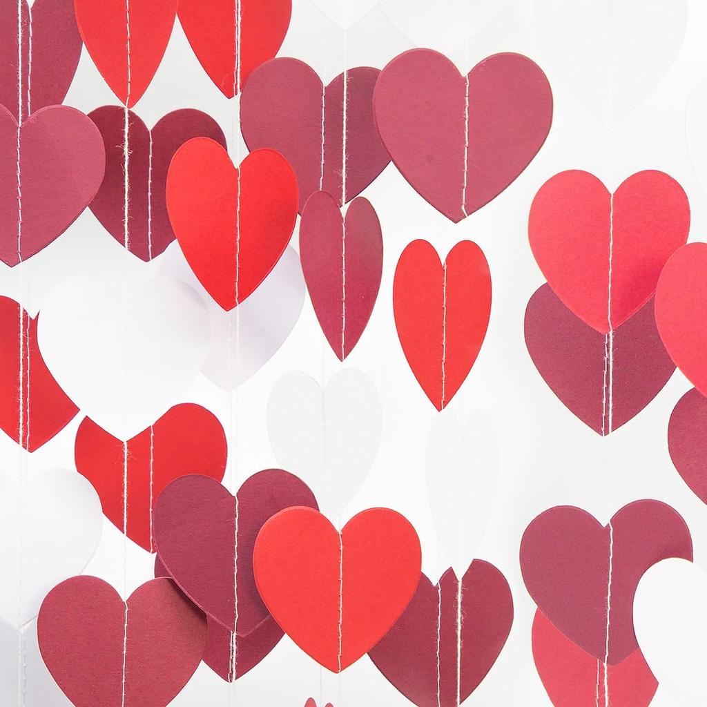 Rose-Gold Pink Burgundy Valentines Decorations - Paper Heart Garland 52ft Hanging Streamer Banner Engagement Mothers Day Wedding Anniversary Bridal