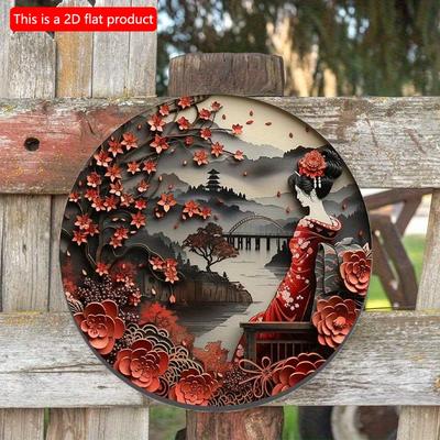 2d Flat 20*20cm, Round Wooden Wall Art Sign, Japanese Kimono Decorative, Entrance Decor Gift, Japanese Kimono Theme, for Bar, Cafe, Club Wall Decor.