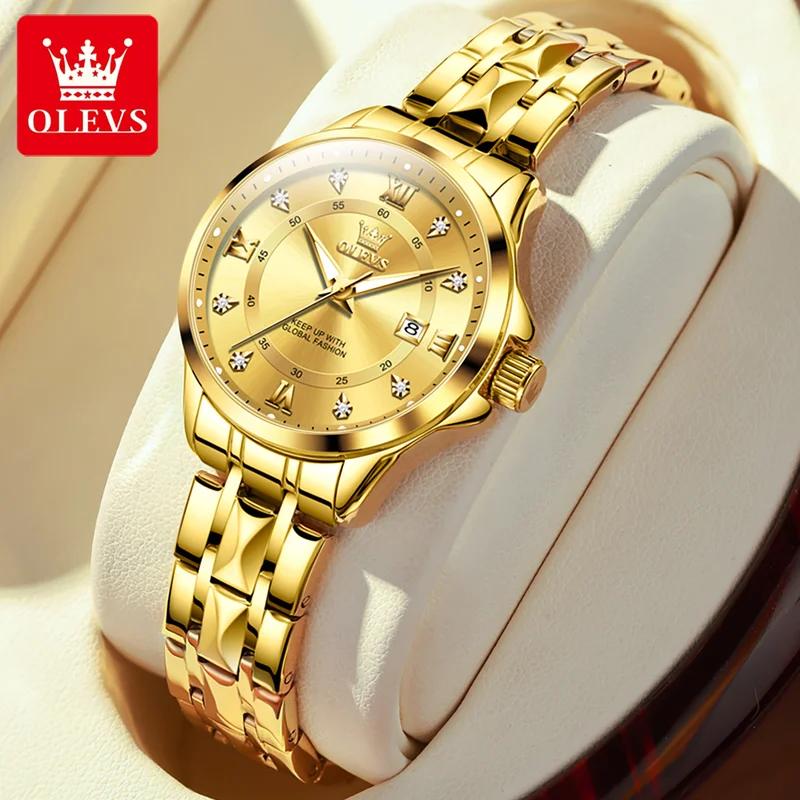 OLEVS 2906 Mode Datum Kwarts Koppelhorloges Top Luxe Horloge Mannen Vrouwen Waterdicht Roestvrij Staal Polshorloge beige