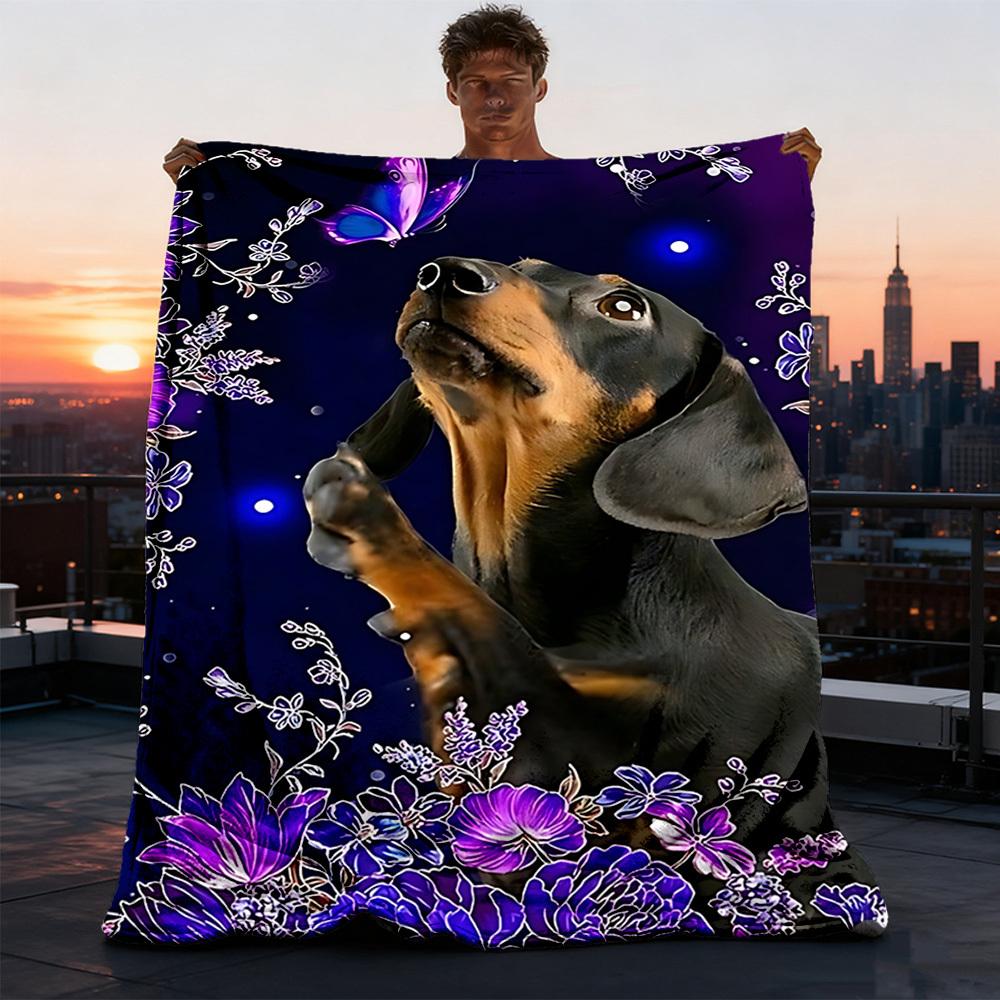 1pc Floral Dachshund Outdoor Flannel Blanket , Machine Washable Perfect Gift for Birthday , Holiday Travel Accessory , Durable Material
