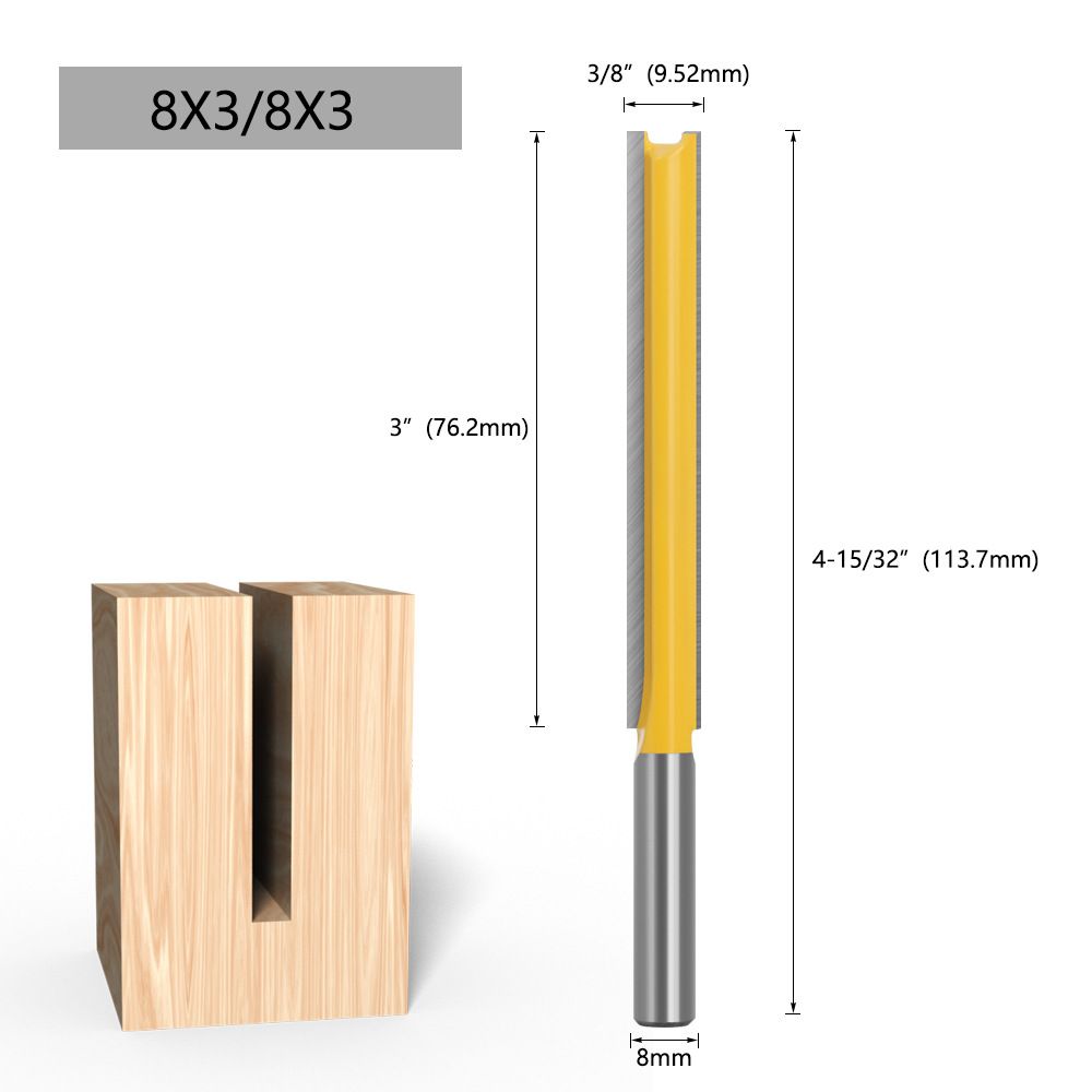 

8mm yellow Shank Extra-Long Straight Router Bit – Double Flute Carbide Wood Milling Cutter for Slotting & Engraving 8x3-8x3