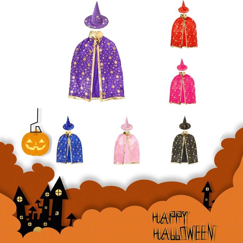 Halloween Cosplay Wizard Cape For Kids With Dazzling Star Pattern And Hat
