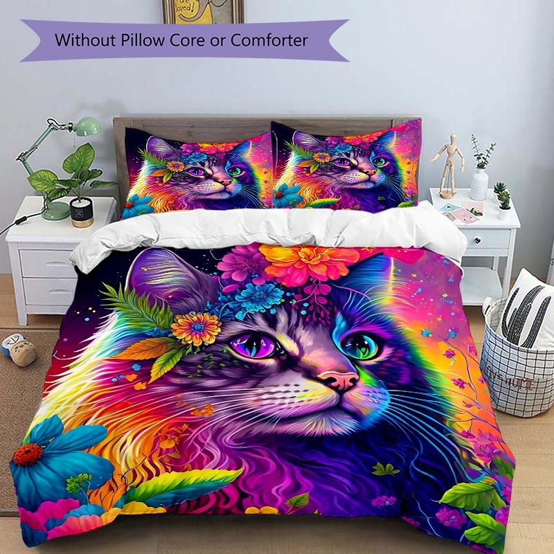 

3pcs Multicolored Cat Quilt Set Cartoon Themed Bed Quilt Set Lovely Character Bedroom Decor Bed Quilt Set Four Seasons (1 Cover + 2Pillowcase NO 135x200cm