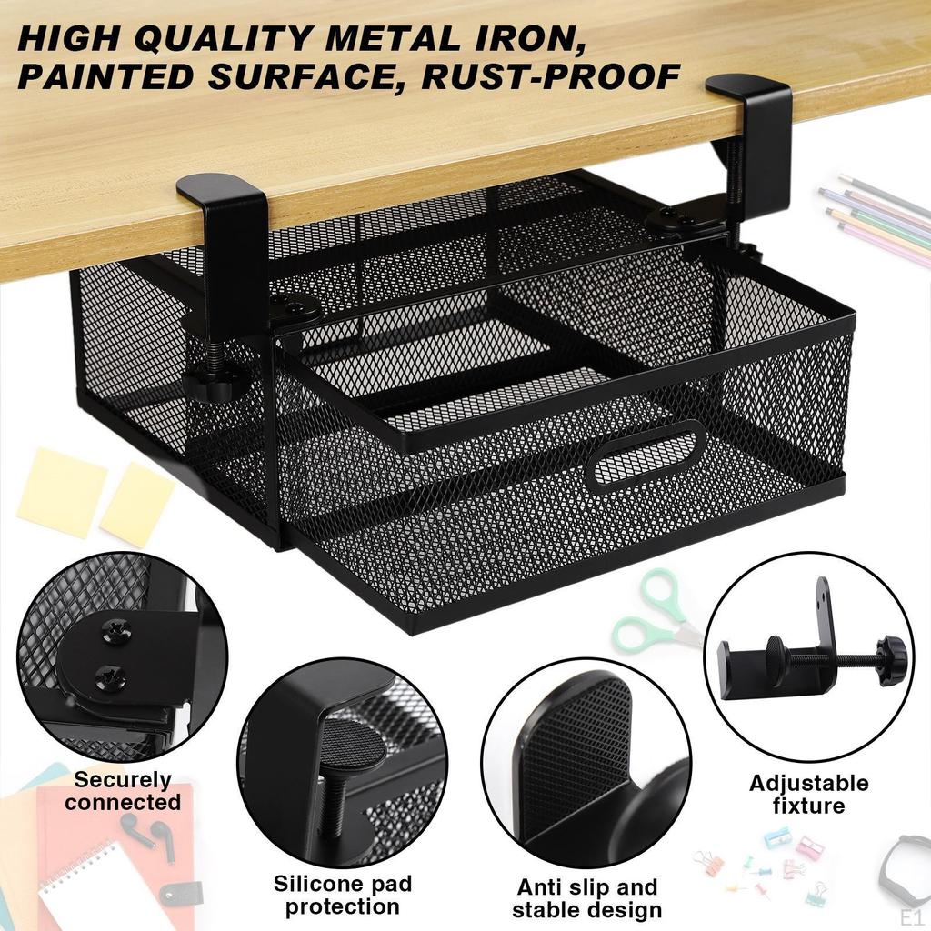 Mesh Under Desk Drawer Organizer Hang Shelf Tray Metal for Home Office Pull Out Storage