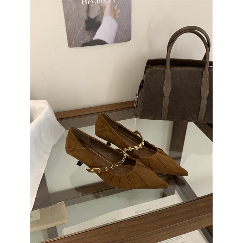 

Chain pointed tip shallow mouth single shoes women s high heels versatile one pedal wine glass and work shoes fashion 39 хаки