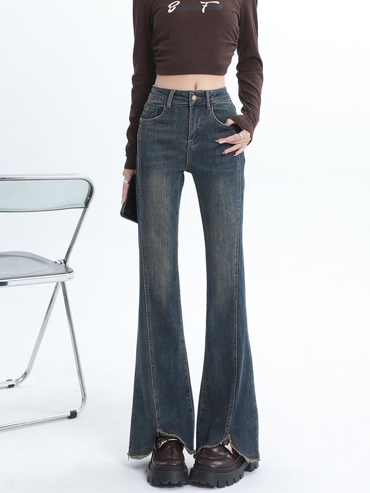High Waist Women's Elastic Slim Fit Frayed Hem Micro Flare Jeans - European Spring Style