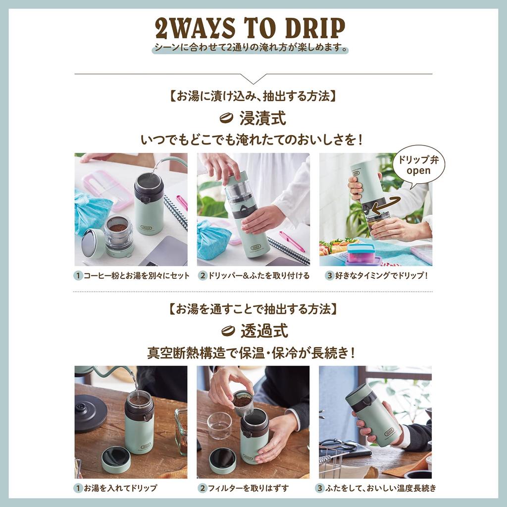 Toffy Portable Brew Bottle K-CC3 (Pale Aqua) Vacuum Insulated Bottle with Dripper, ImmersionPermeable CoffeeTea, Includes Filter, Keeps Freshly