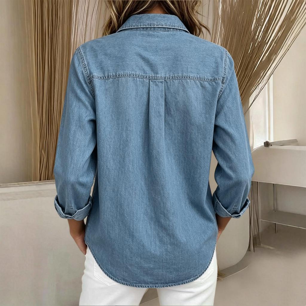 Women's Casual Long Sleeve Denim- Shirt with Stand Collar for Everyday Wear
