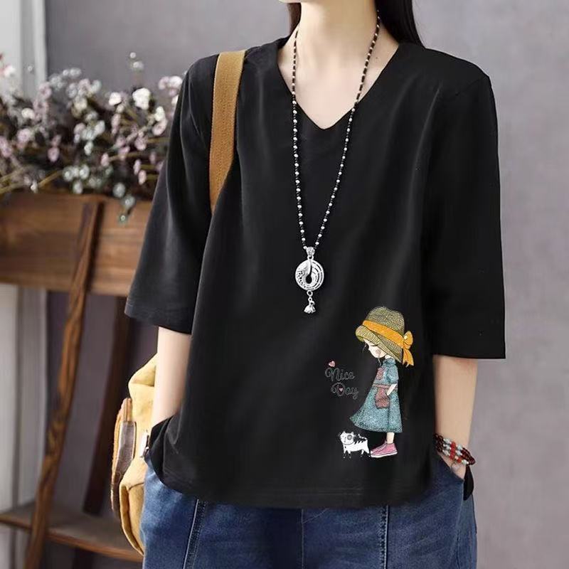 Women s V Neck Three Quarter Sleeve Loose Fit Elegant Casual Printed T-Shirt Basic Top L
