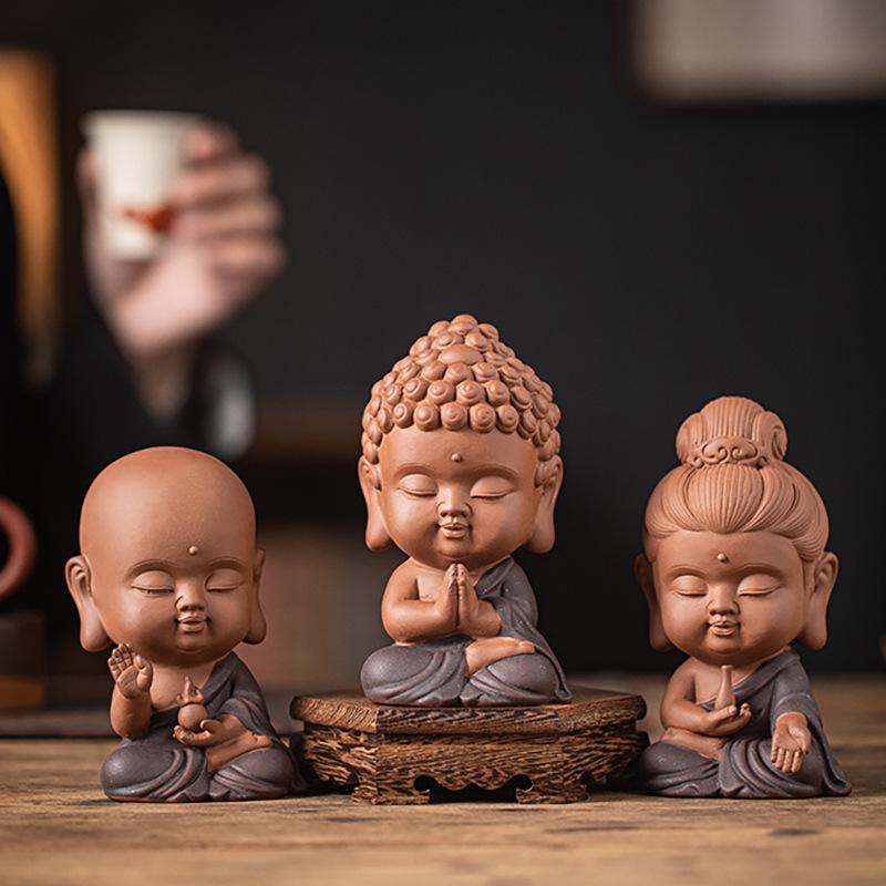 Saha Three Saints Buddha Ceramic Statue: Ksitigarbha, Tathagata, and Guanyin Tabletop Ornament