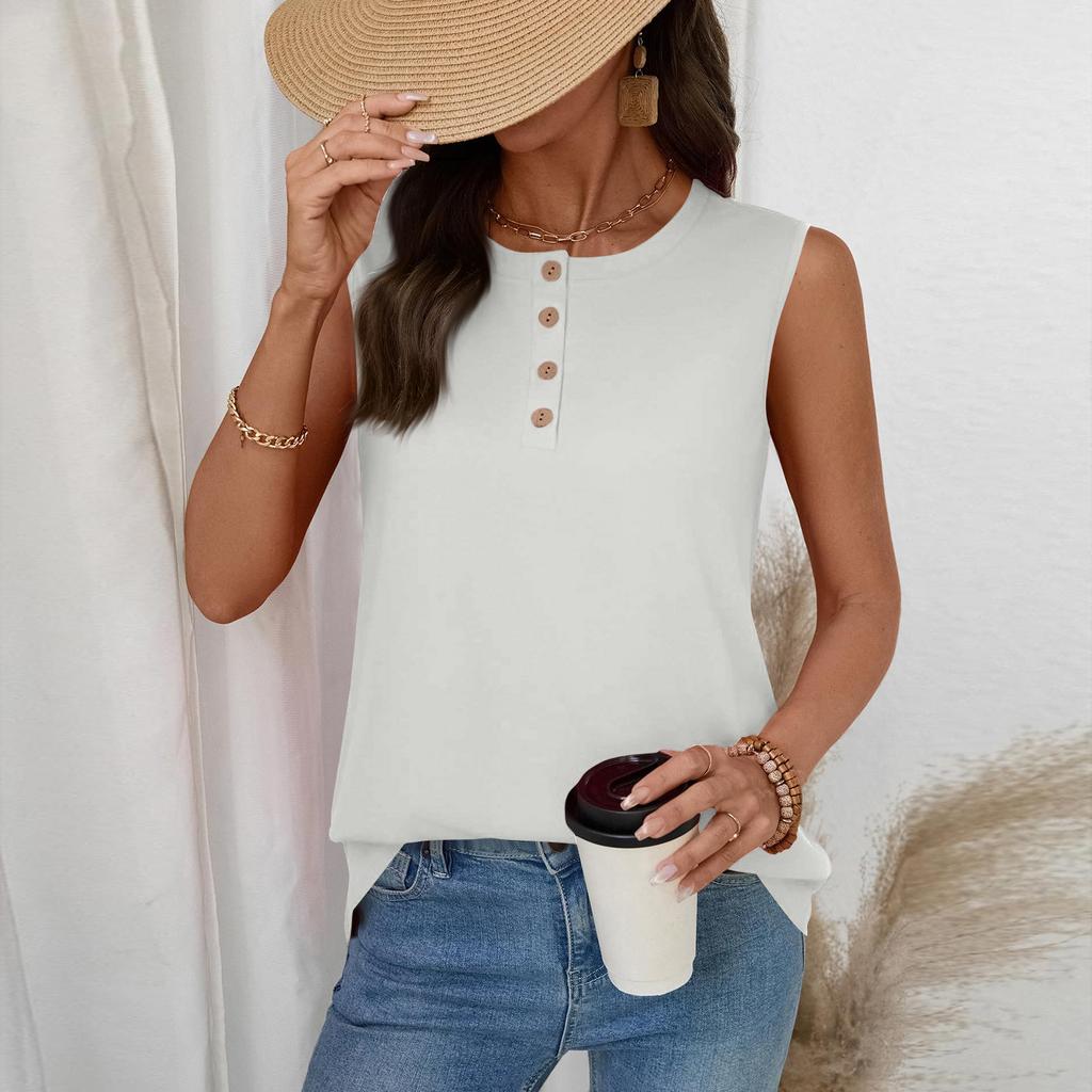 Women's Casual Fashion Button-Up Round Neck Sleeveless T-Shirt Vest