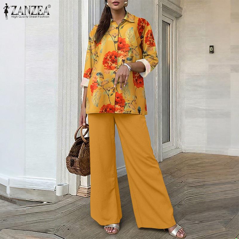 ZANZEA Women Long Sleeve Floral Blouse and Pants Casual Two Piece Suit Sets