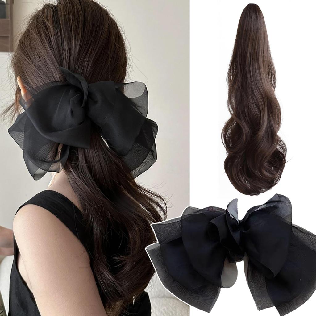 Natunofu Ponytail Ribbon Hair Bow Ponytail Half Hair Curly Long Fluffy Hair Natural Everyday Fashion Beauty Women Wig, Accessory, Clip-on Wig, Women's