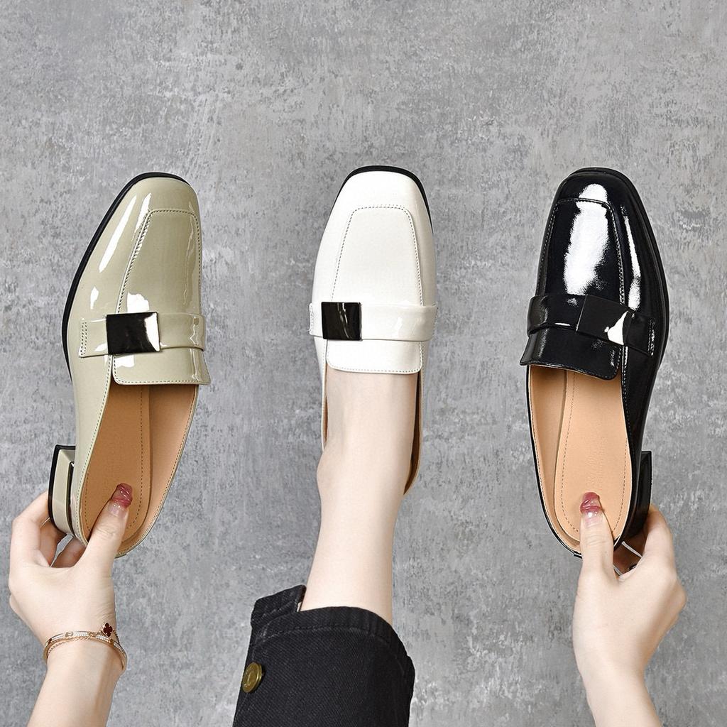 Slippers women's outer wear 2025 summer two heights square buckle cow patent leather low heel bag head half drag square head women's cool slippers