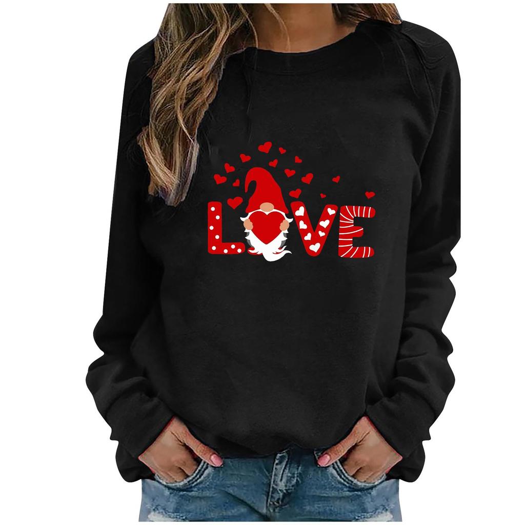 Fashion Womens Loose Valentine's Day Print Round Neck Long Sleeve Sweater Top