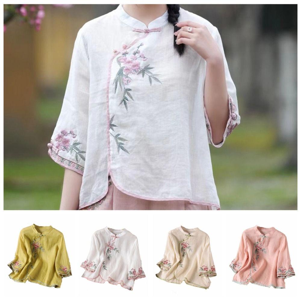Retro Embroidered Floral Top Frog Button Ethnic Style Top Short Sleeved Shirts  Spring/Summer