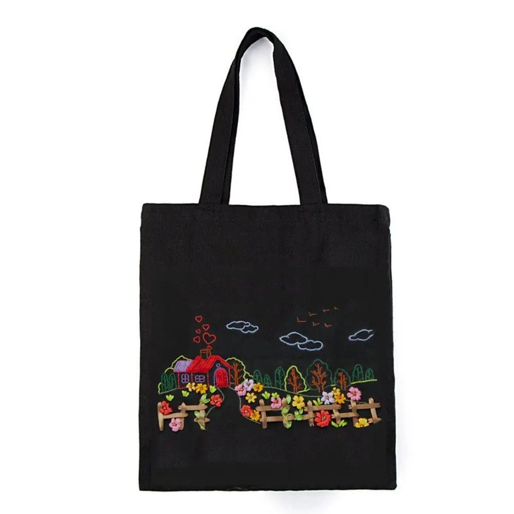 DIY Canvas Tote Bag Embroidery Kit With Flower Pattern Instructions Arts Crafts Supplies Carrying Bag Needlepoint Kits Beginners