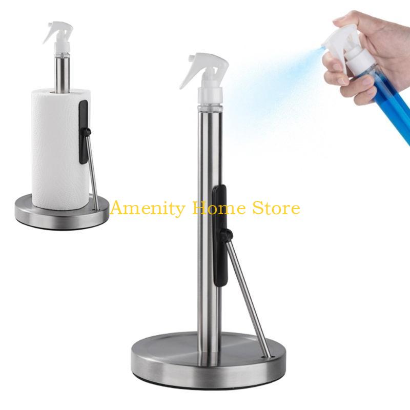 F26C Standing Paper Stand with Sprays Bottle Stainless Steel Tissue Roll Rack Metal Paper Towel Dispenser for Everyday Use
