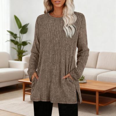 Tunique pour femme Tops Col rond Manches longues Tops en tricot avec poches latérales Couleur unie Décontracté Blouse rayée