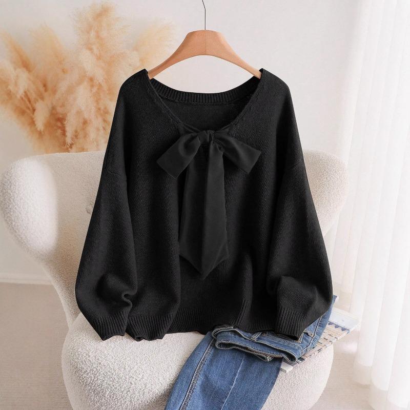 Women Loose V Neck Bow Thick Knitted Casual Sweater Outerwear