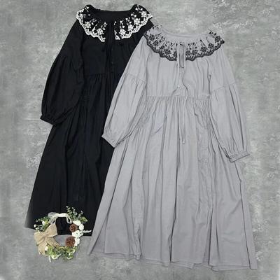 Vintage Women Dresses Spring Ruffles Collar Embroidery Loose Elastic Waist Solid Color Casual Women Dresses