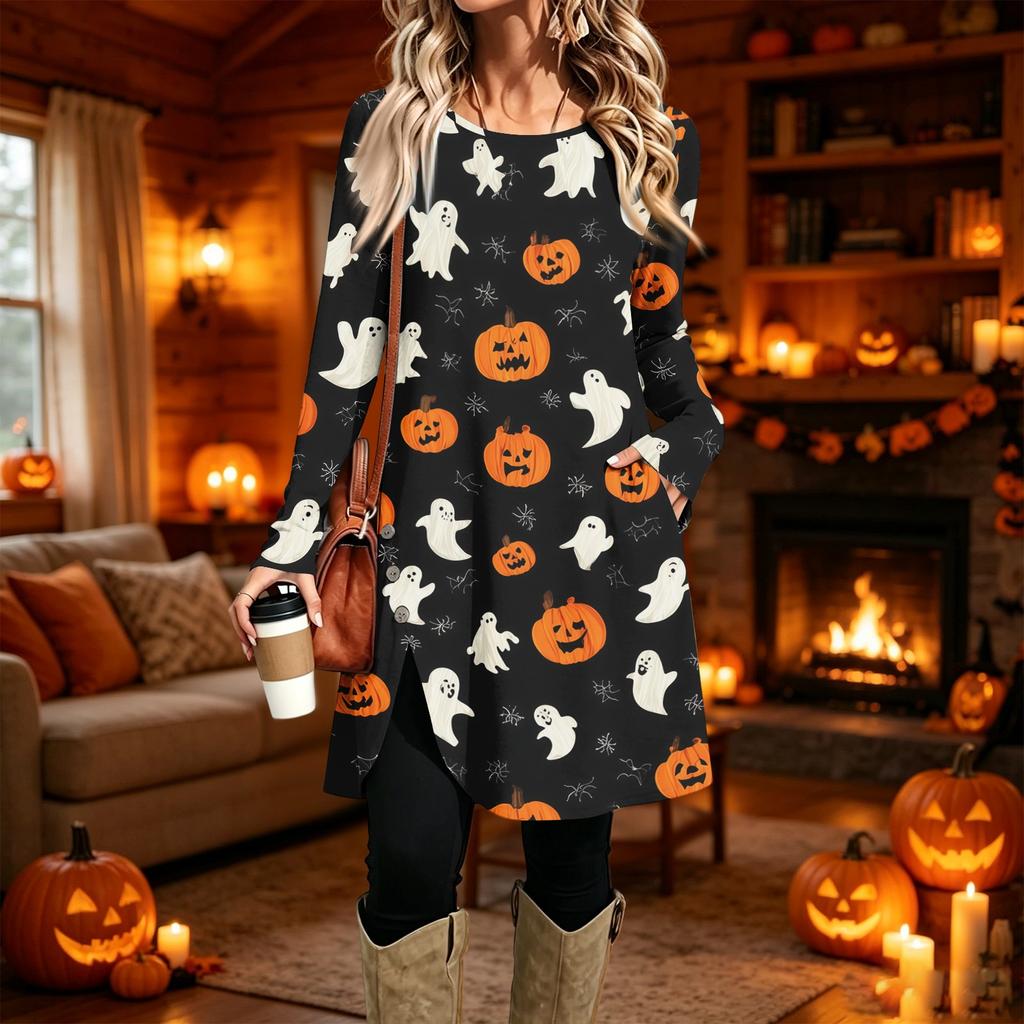 Women's Fashion Casual Printed Long Sleeve Round Neck Dress