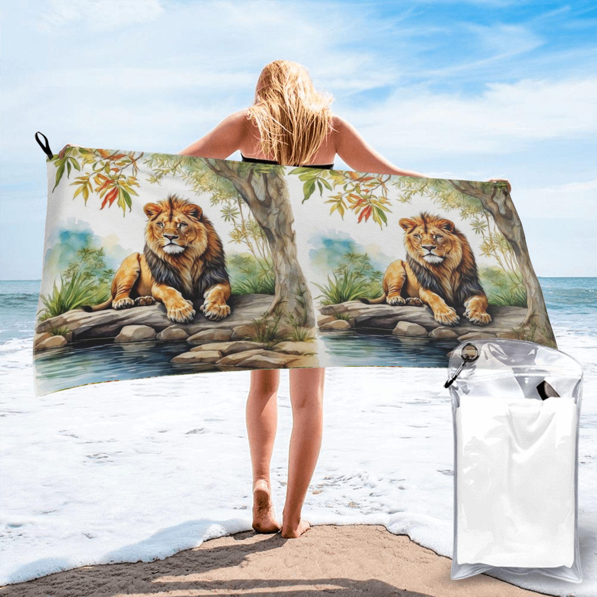 

A Lion In A Forest Beach Towel Soft Microfiber Quick Dry Absorbent Quick Towels For Bath W40*H60(CM)