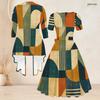 Women Plus Size Two Piece Set Geometric Printed Square Neck Short Sleeve Tie Waist Flared Dress And 3 4 Sleeve Long Cardigan
