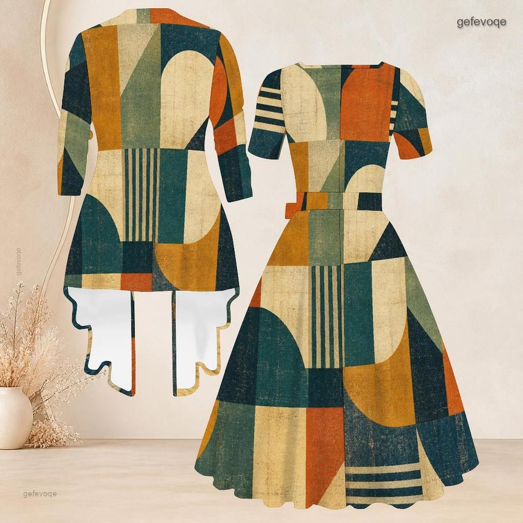 Women Plus Size Two Piece Set Geometric Printed Square Neck Short Sleeve Tie Waist Flared Dress And 3 4 Sleeve Long Cardigan