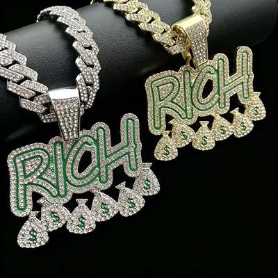 Miami Hip Hop Iced Out RICH Letter Pendant Necklace Men Long Cuban Link Chain Trendy Statement Fashion Jewelry Gift