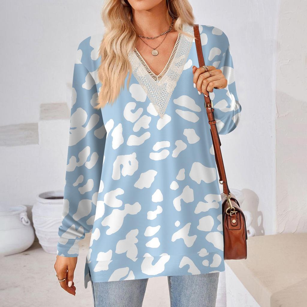 Womens Tops Loose V-neck Contrast Color Split Loose Long Sleeve T-shirt Women's Tops