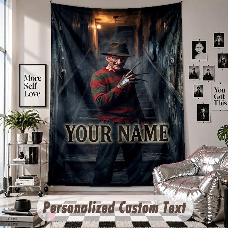 Custom Tapestry Wall Hanging, A Nightmare on Elm Street Freddy Krueger Personalized Name Text Home Wall Decor
