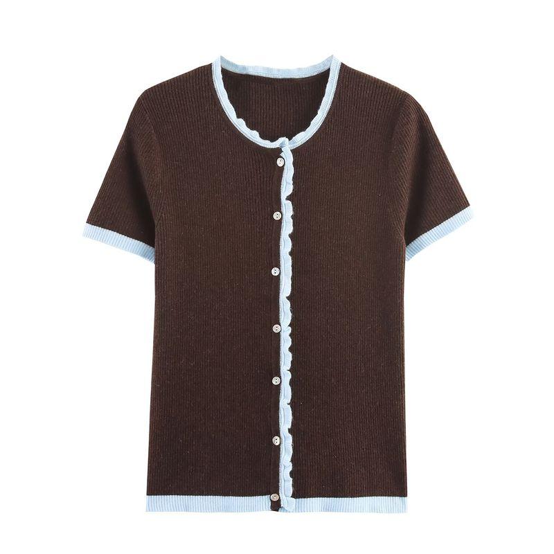 Kaslead New Women Clothes Western Style Fashion Simple Contrast Color Knitted Short Sleeve Outerwear 0014114 700