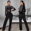 Salopetă de damă la modă, sexy, din plasă transparentă, cu strasuri, cu mânecă lungă