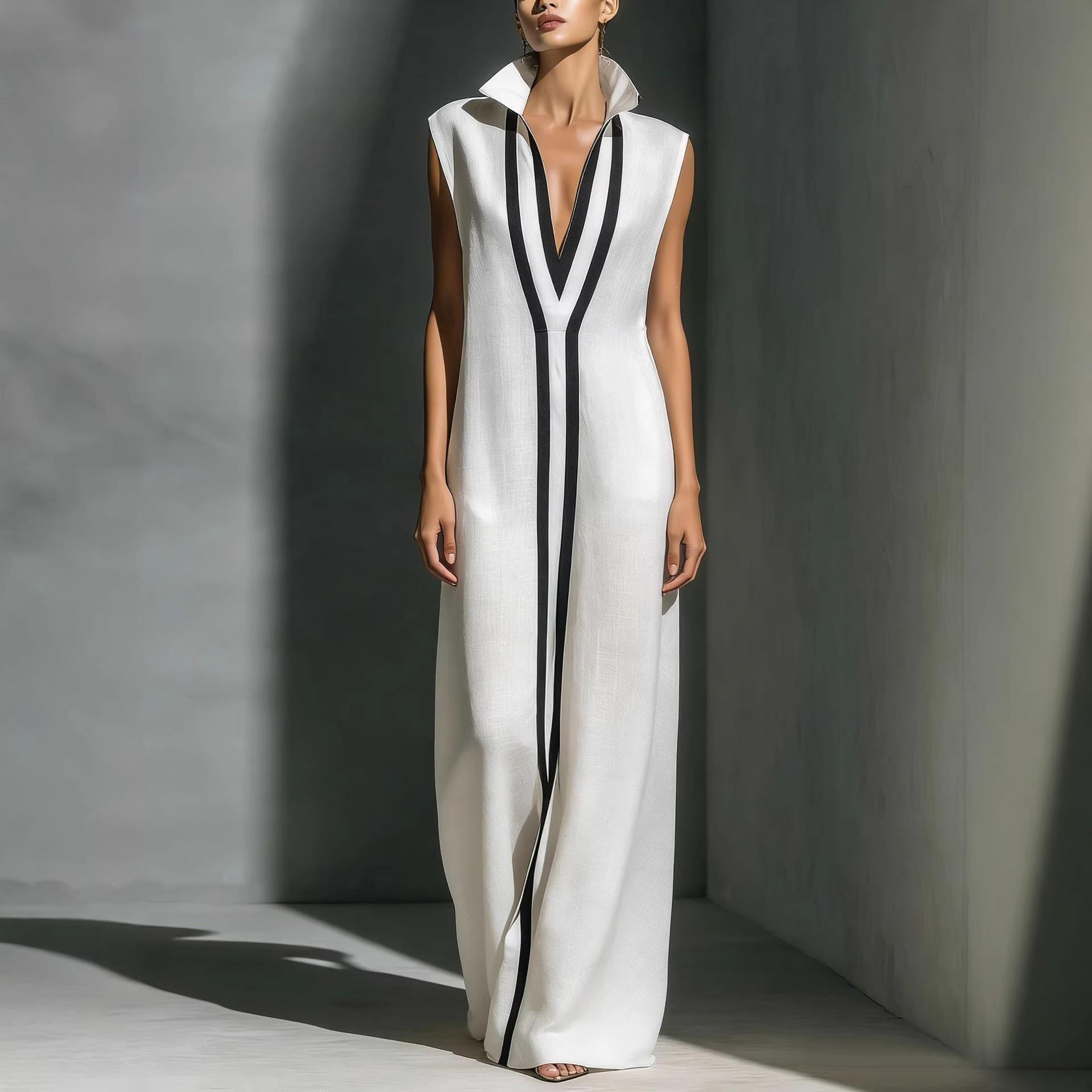 Europe, America 2026 summer new v-neck sleeveless cotton and linen slim stand-up collar dress women s clothing XS