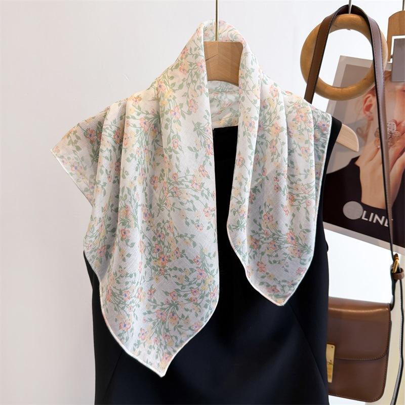 2025 Korean Version Cotton Linen 50 Small Fresh Fashionable Printed Square Scarf Silk Decoration Spring Summer Sun Protection