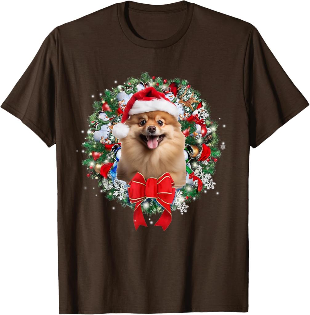 Pomeranian Christmas Wreath Graphic Tee Cute Dog Lover Casual Short Sleeve T-Shirt