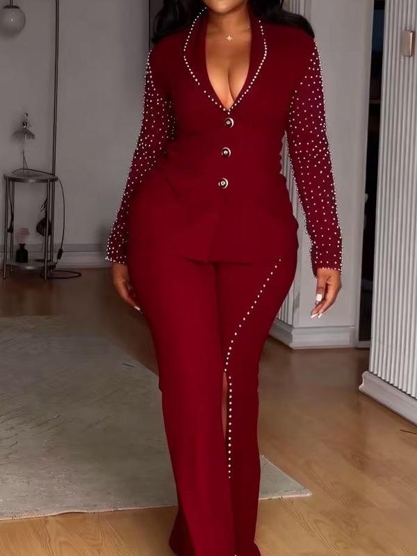 Elegant Rhinestone Long Sleeve Low-Neck Slim Fit Two-Piece Pant Suit