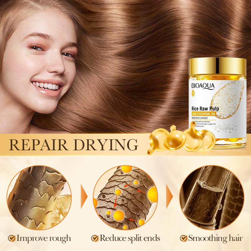 Rice Raw Pulp Hair Treatment Oil Capsules, Hair Care with Moisturizing Glycerin,Normal Hair Type Nourishment, Soft Smooth Shiny Nourish Hair Root Care