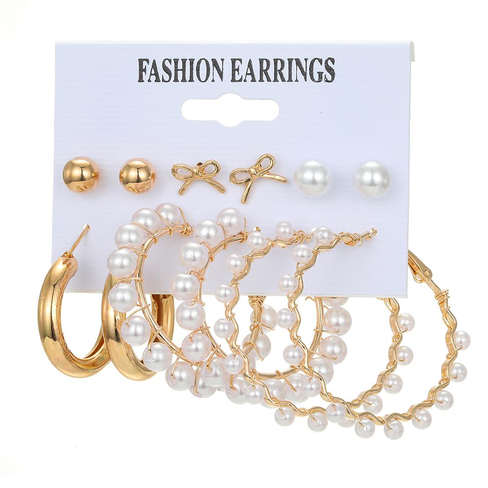 Inlaid Fashion Artificial Temperament Elegant Pearl Women's Earrings Vintage Gold Earrings Set