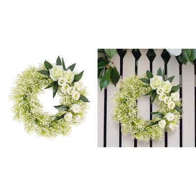 White Rose Wreath Artificial Spring Wreath for Front Door Wedding Party Fastival Indoor and Outdoor Decorations