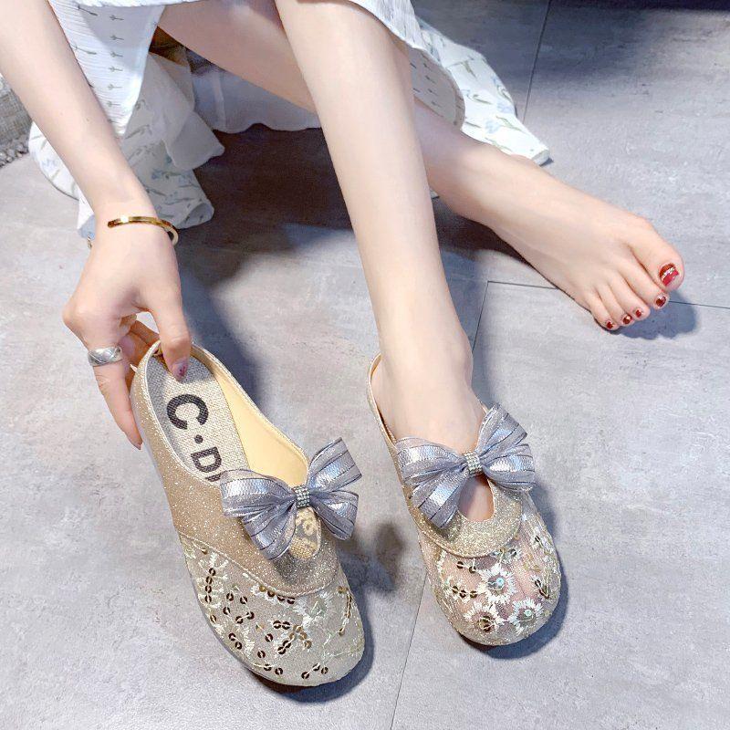 Fashion Women's Mules Slippers and Ladies Sandals Gold Round Toe Shoes Flat with Bow Slides Summer 2025 Waterproof Top Designs Non Slip