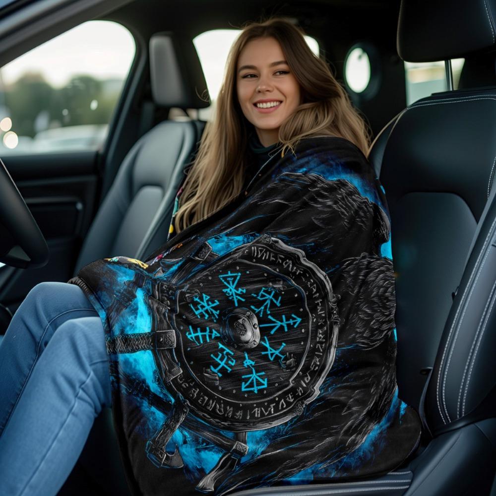 Viking Raven Valhalla Print Throw Blanket - Nordic Rune Mythical Motif Soft Lightweight Accent for Sofa Bed Travel Gift