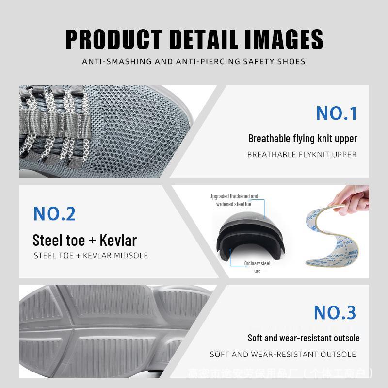 Flyknit Breathable Steel Toe Safety Shoes - Lightweight, Shock-Absorbing, Anti-Slip, Anti-Smash, and Wear-Resistant for Construction Work.